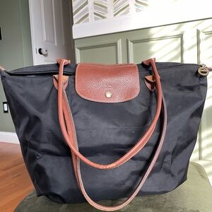 Longchamp Le Pliage Large Tote Black Nylon Brown Leather Shoulder Bag